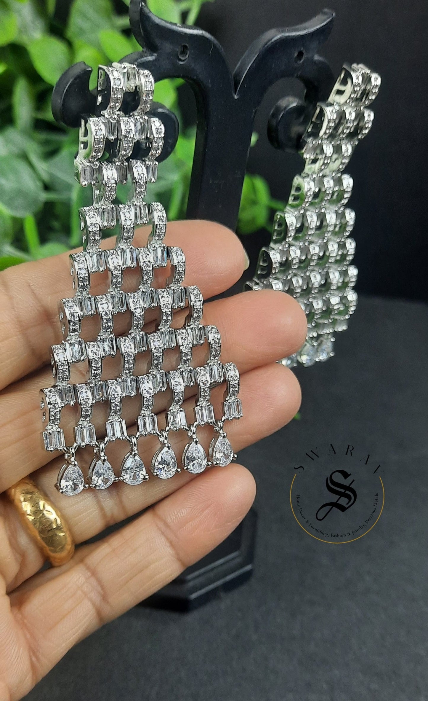 Real Cubic Zircon ( CZ) Earrings with Rhodium Finish - The Pyramid.