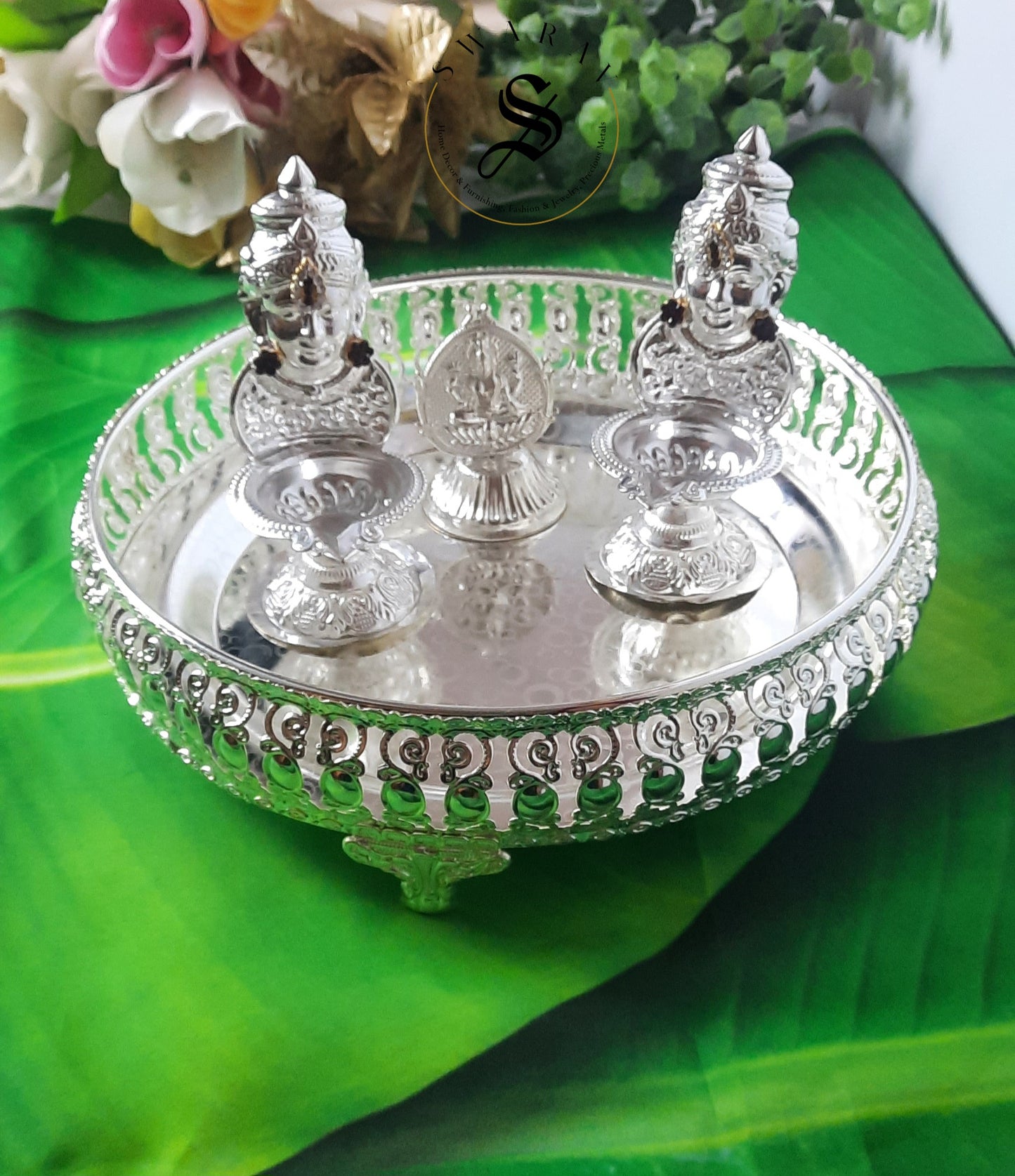 German Silver Combo pack of 3 items - 8 inch plate, Lakshmi Diya set of 2, with FREE incense stick Holder.