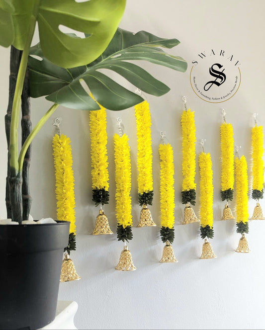 Fabric Flower Toran with Bell - Pack of 10 - Yellow.