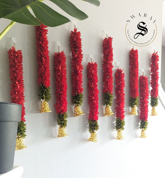 Fabric flower Torans with Bell - Pack of 10 - Maroon