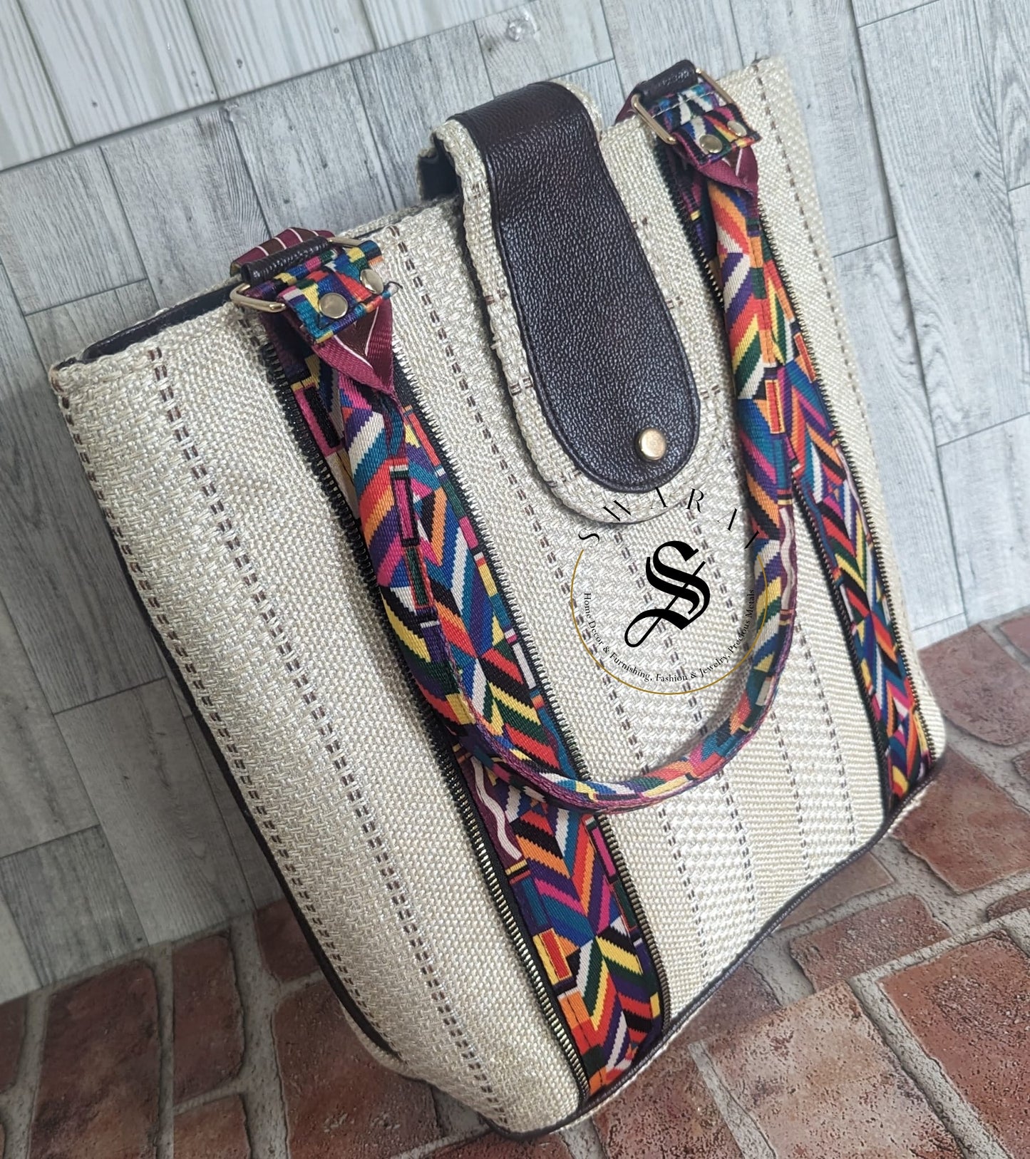 FREE SHIPPING π Women's Jute Tote Bag. Color - Off White. Size: 13 by 14 by 5 inch.