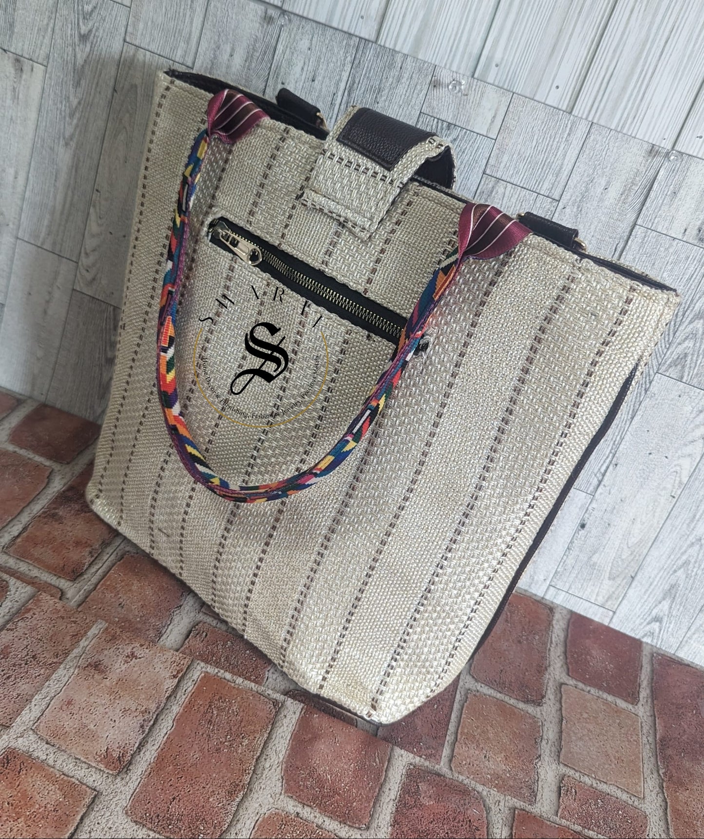 FREE SHIPPING π Women's Jute Tote Bag. Color - Off White. Size: 13 by 14 by 5 inch.