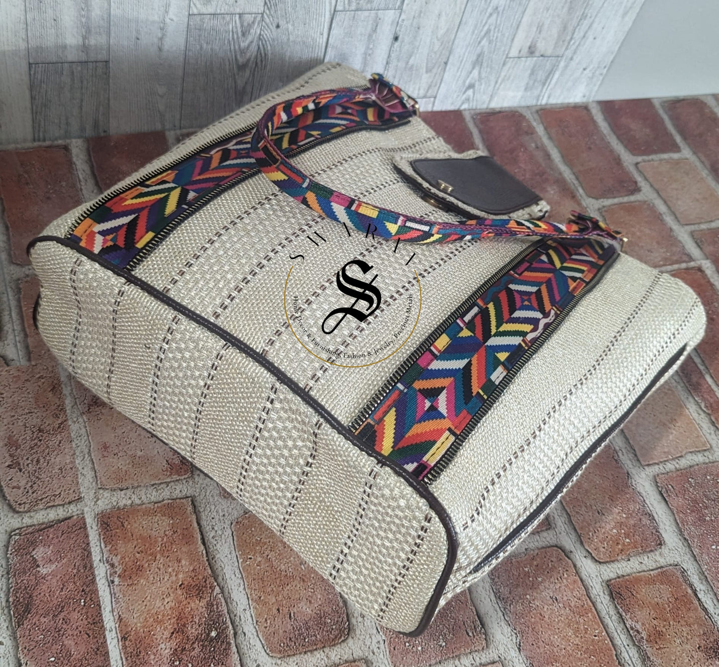FREE SHIPPING π Women's Jute Tote Bag. Color - Off White. Size: 13 by 14 by 5 inch.