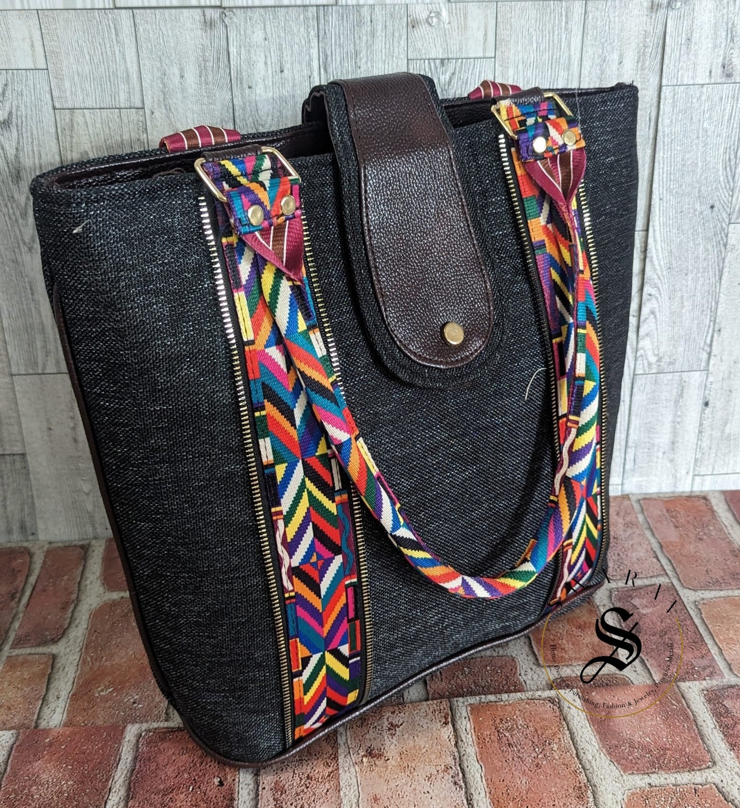 FREE SHIPPING π Women's Jute Tote Bag. Color - Black. Size: 13 by 14 by 5 inch