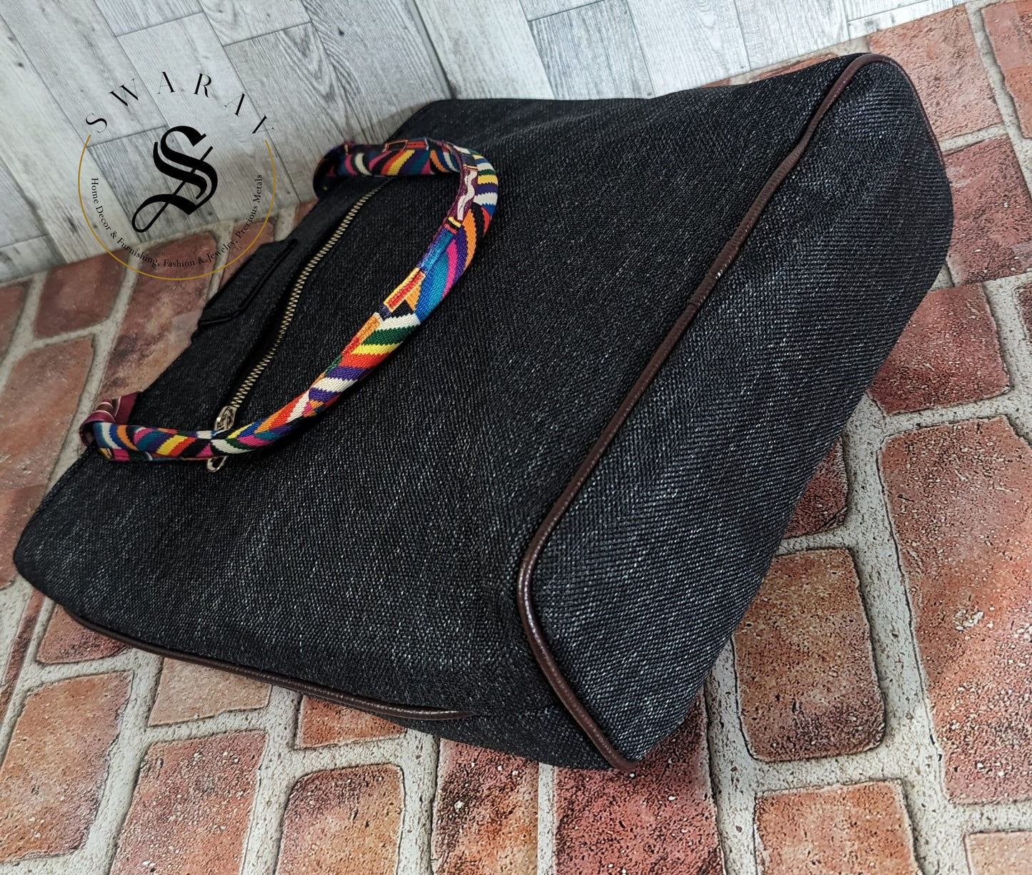 FREE SHIPPING π Women's Jute Tote Bag. Color - Black. Size: 13 by 14 by 5 inch