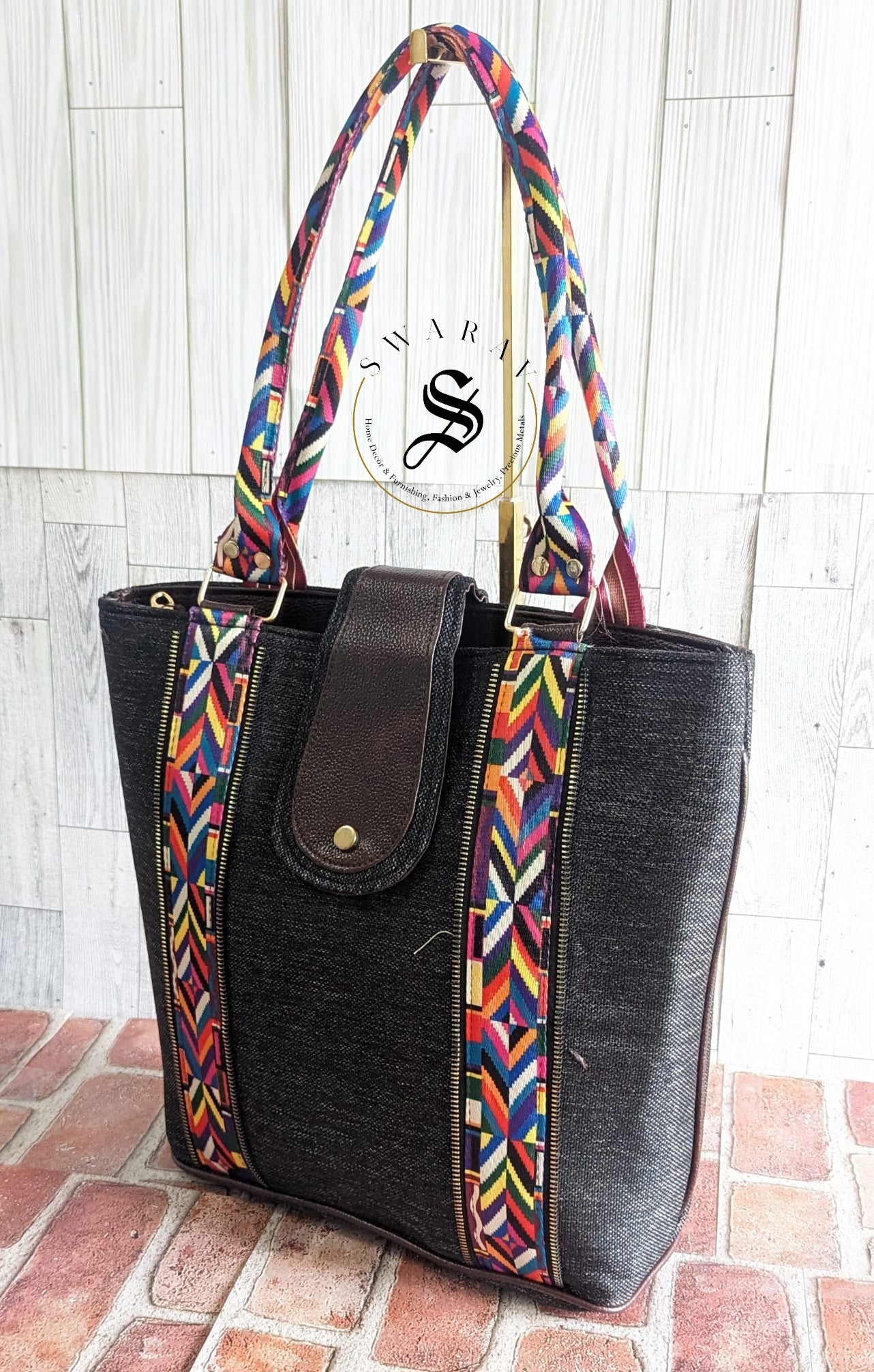 FREE SHIPPING π Women's Jute Tote Bag. Color - Black. Size: 13 by 14 by 5 inch