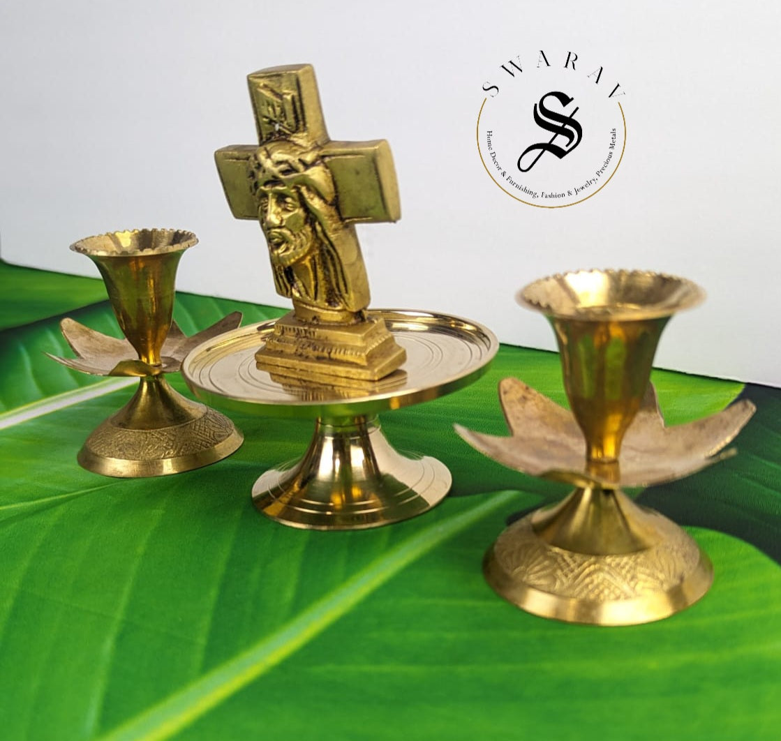 Pure Brass Jesus Christ idol on pedestal with candle Holders. ( Set of 4 )