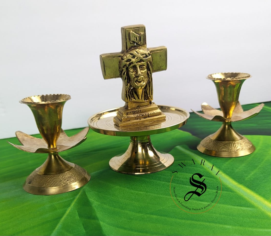 Pure Brass Jesus Christ idol on pedestal with candle Holders. ( Set of 4 )