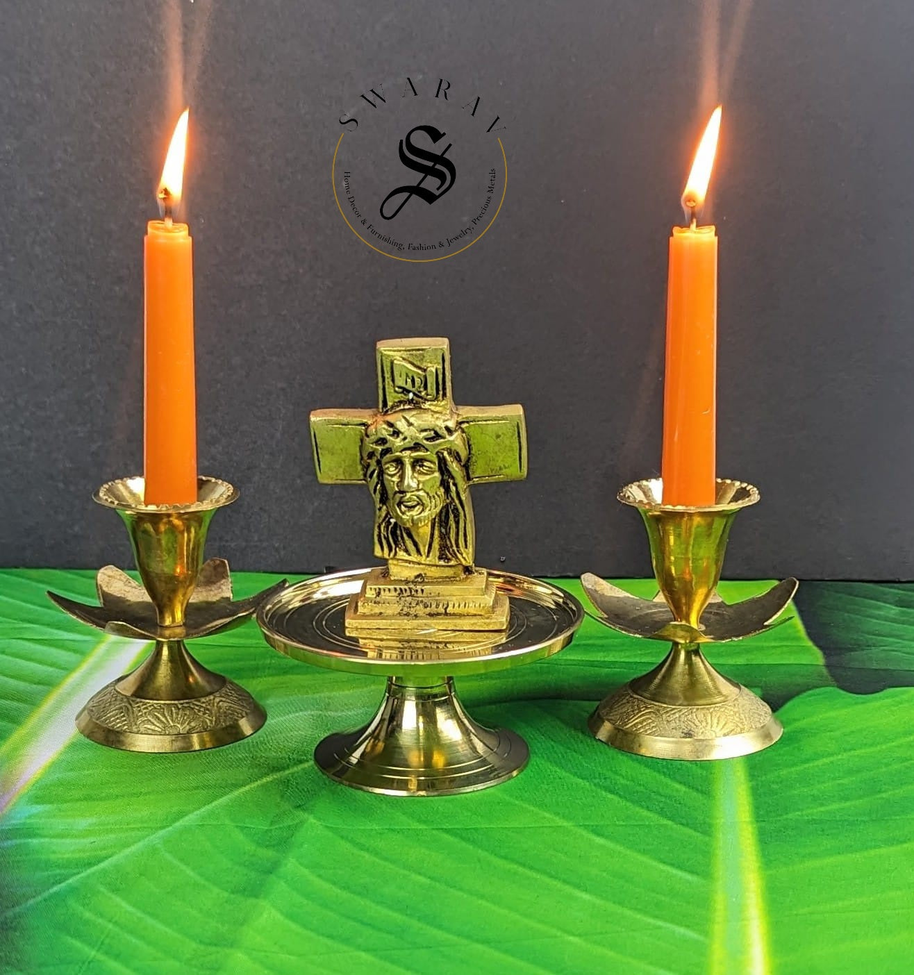Pure Brass Jesus Christ idol on pedestal with candle Holders. ( Set of 4 )