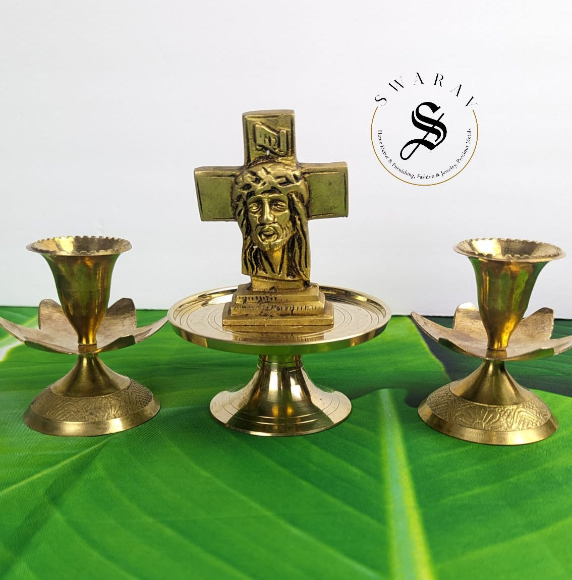 Pure Brass Jesus Christ idol on pedestal with candle Holders. ( Set of 4 )