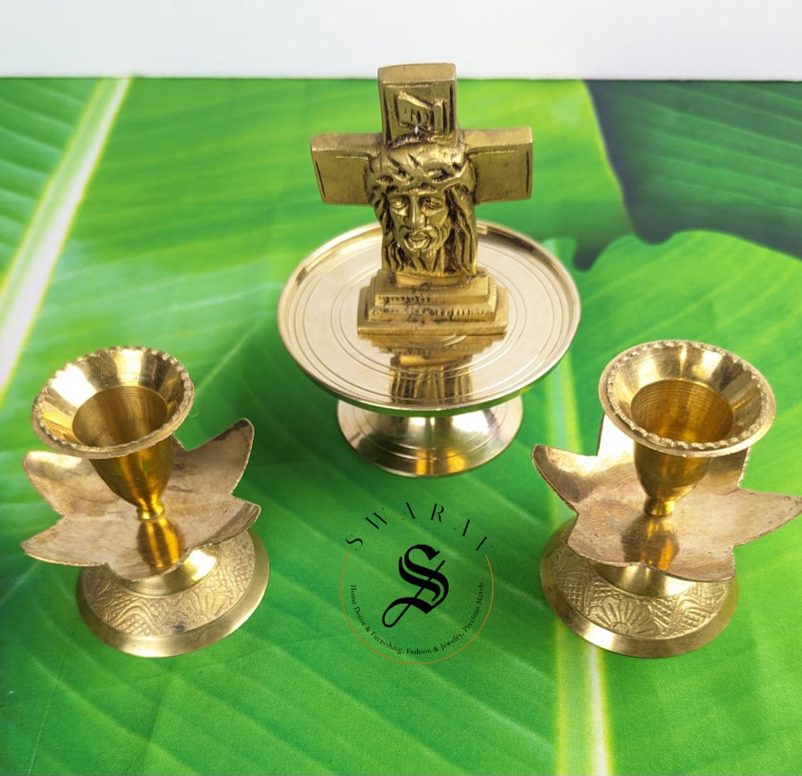 Pure Brass Jesus Christ idol on pedestal with candle Holders. ( Set of 4 )