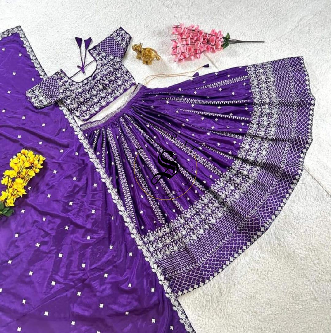 Chinon Silk Ghaghara Choli and Dupatta Set with Silver thread embroidery. Color - Blue.