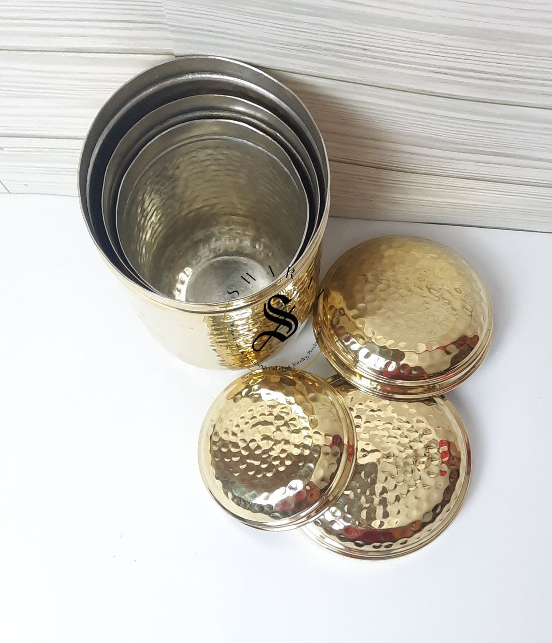 Pure Brass Hand Hammered Storage Container/ Canister/ Dibbas. Set of 3 ( With Tin coating inside)