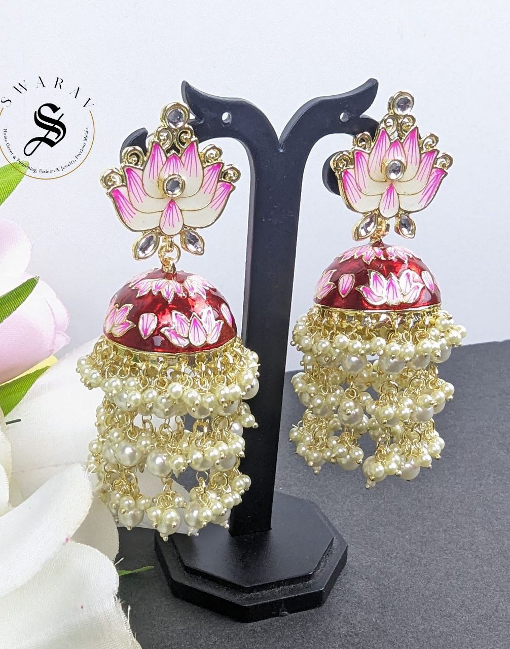 Lotus Jhumkas - Hand painted. Color - Maroon.