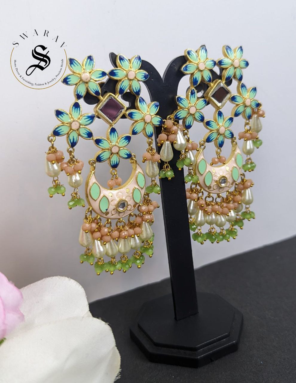 Five star and Moon Hand painted Earring - Mint Green.