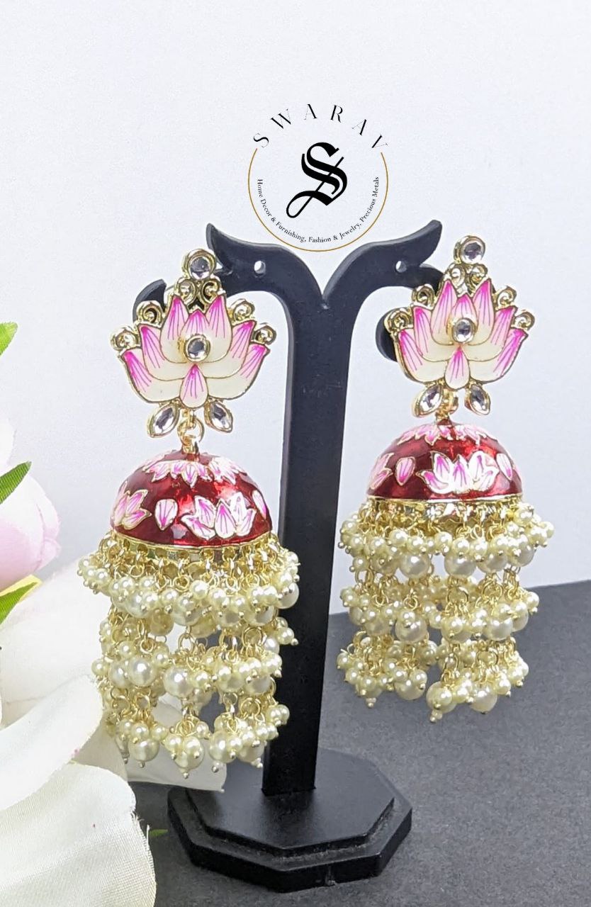 Lotus Jhumkas - Hand painted. Color - Maroon.