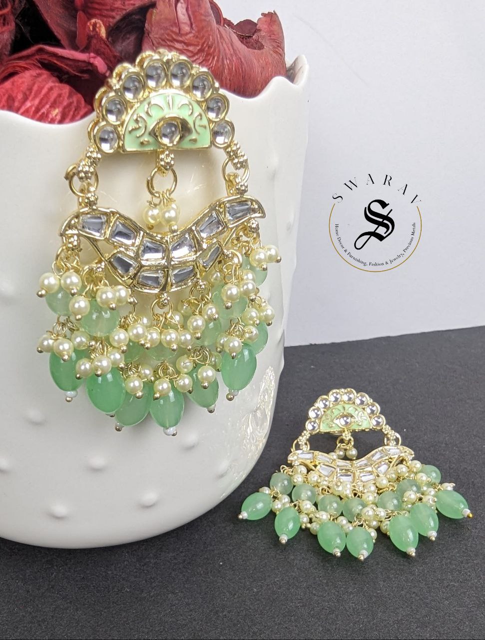 Kundan and Glass Beads Earrings - Mint Green.