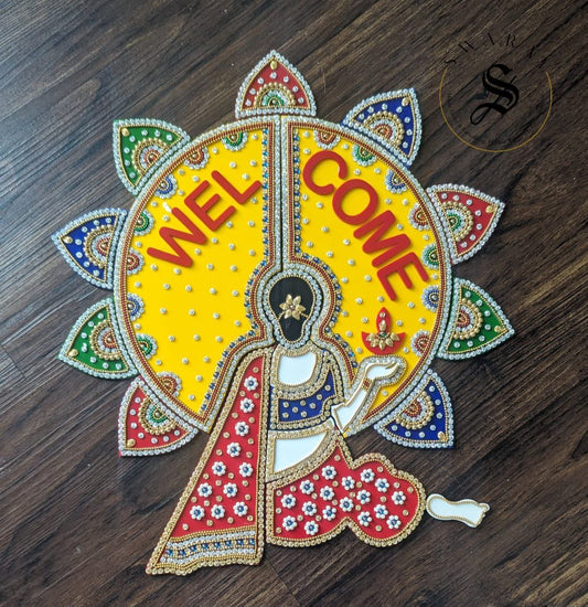 Welcome Lady - 19 piece Acrylic Rangoli Set. 13 by 15 inch.