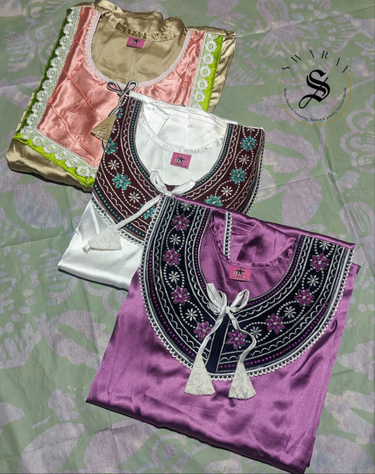 Pack of 3 Women's Satin Long Gown/Nighty - Lavender - White - Olive Green. Size :  XXL.