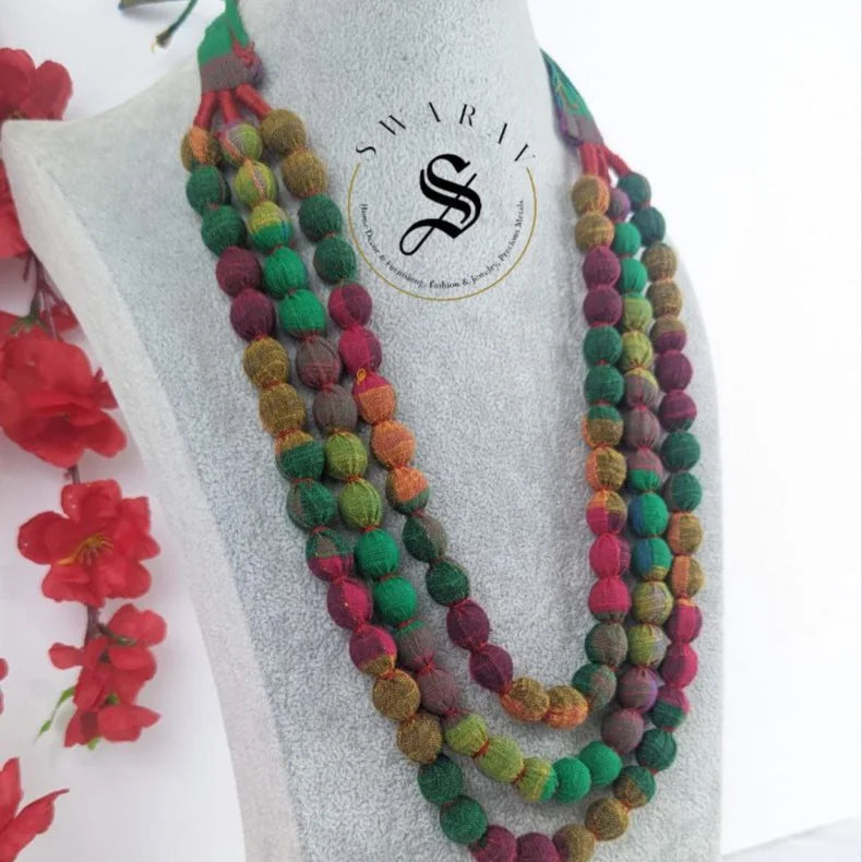 Hand made Fabric ball 3 layer Haar/ long necklace - Multi color - Design Code -  D1