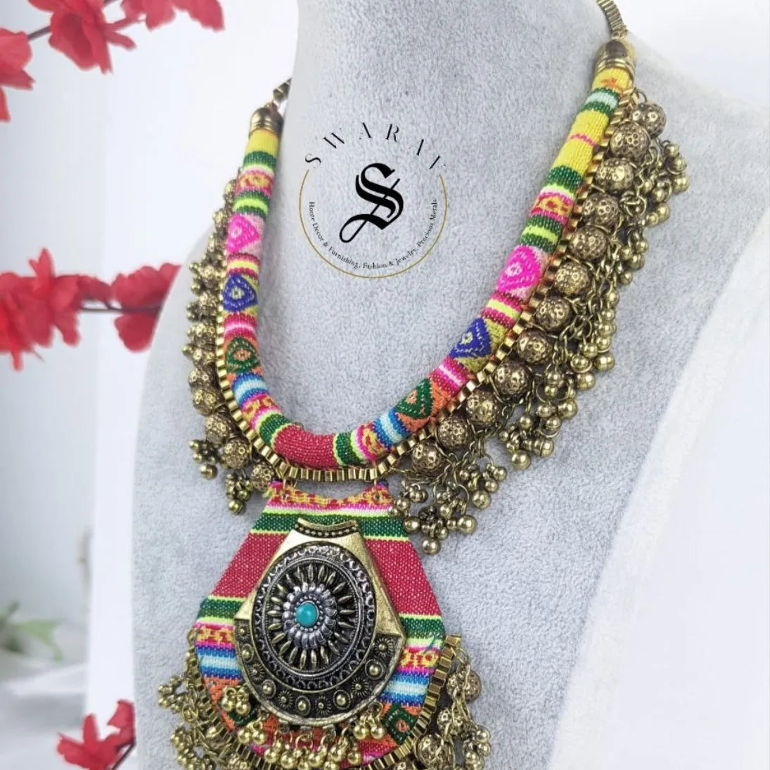 Multi color Fabric Necklace with brass beads and big size pendant.