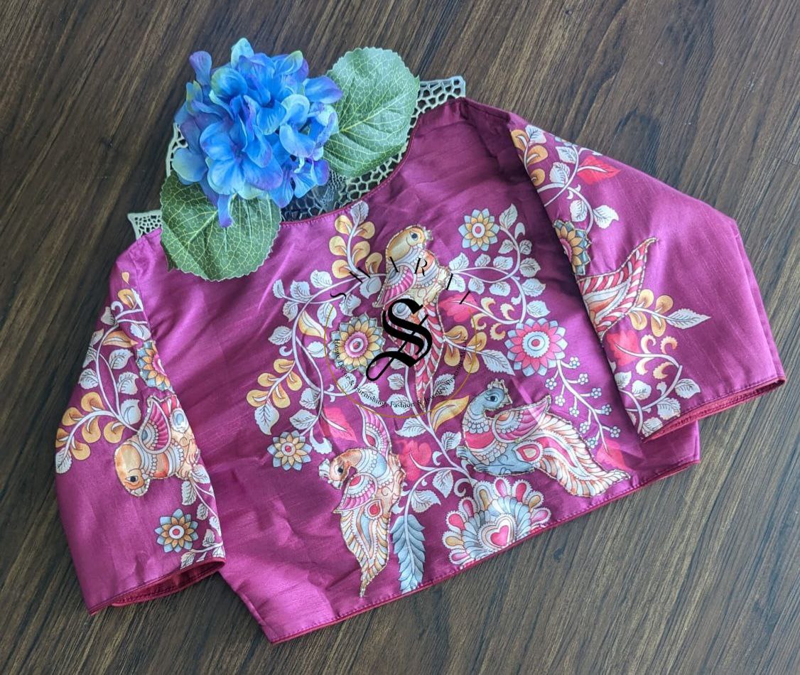 Ready to wear Pure Raw Silk Designer blouse with Pichwai print and beads work. Color - Wine. Size - 38 to 42 inches.