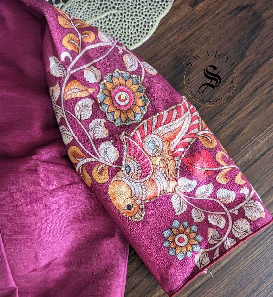 Ready to wear Pure Raw Silk Designer blouse with Pichwai print and beads work. Color - Wine. Size - 38 to 42 inches.