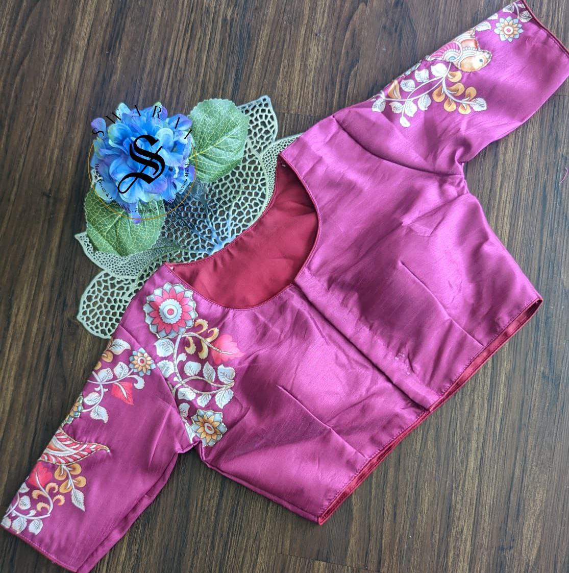 Ready to wear Pure Raw Silk Designer blouse with Pichwai print and beads work. Color - Wine. Size - 38 to 42 inches.
