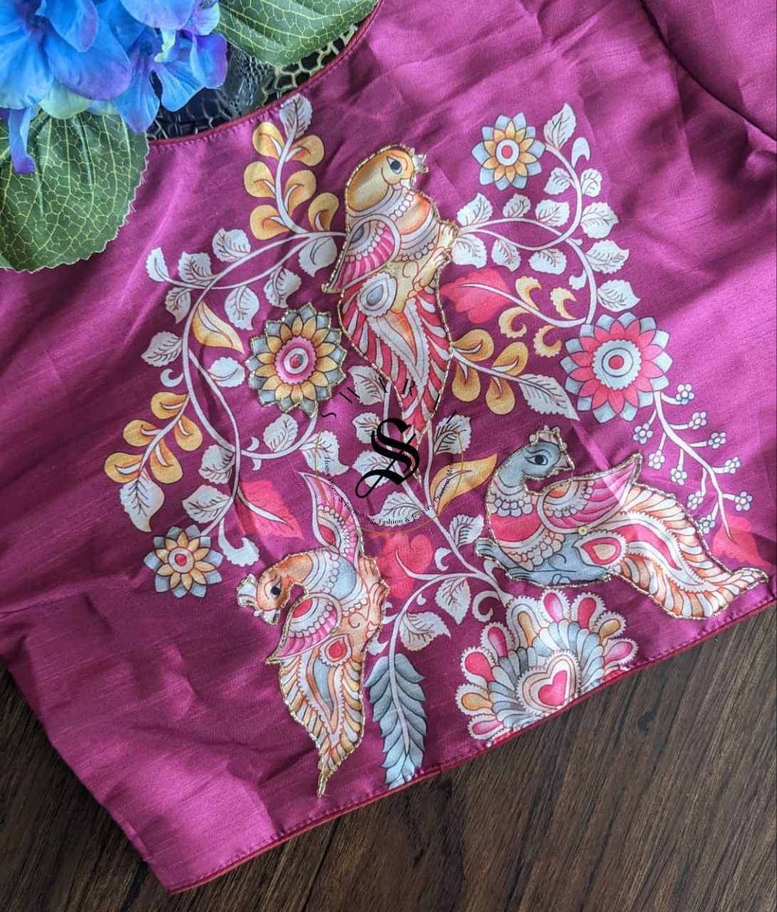 Ready to wear Pure Raw Silk Designer blouse with Pichwai print and beads work. Color - Wine. Size - 38 to 42 inches.