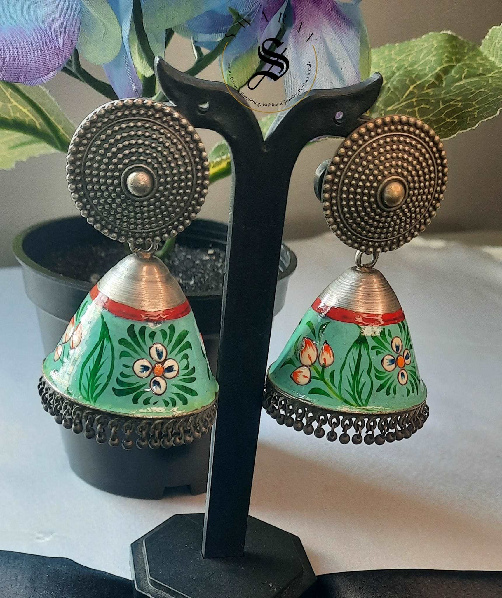 Rajwadi style oxydised hand painted Jhumkas