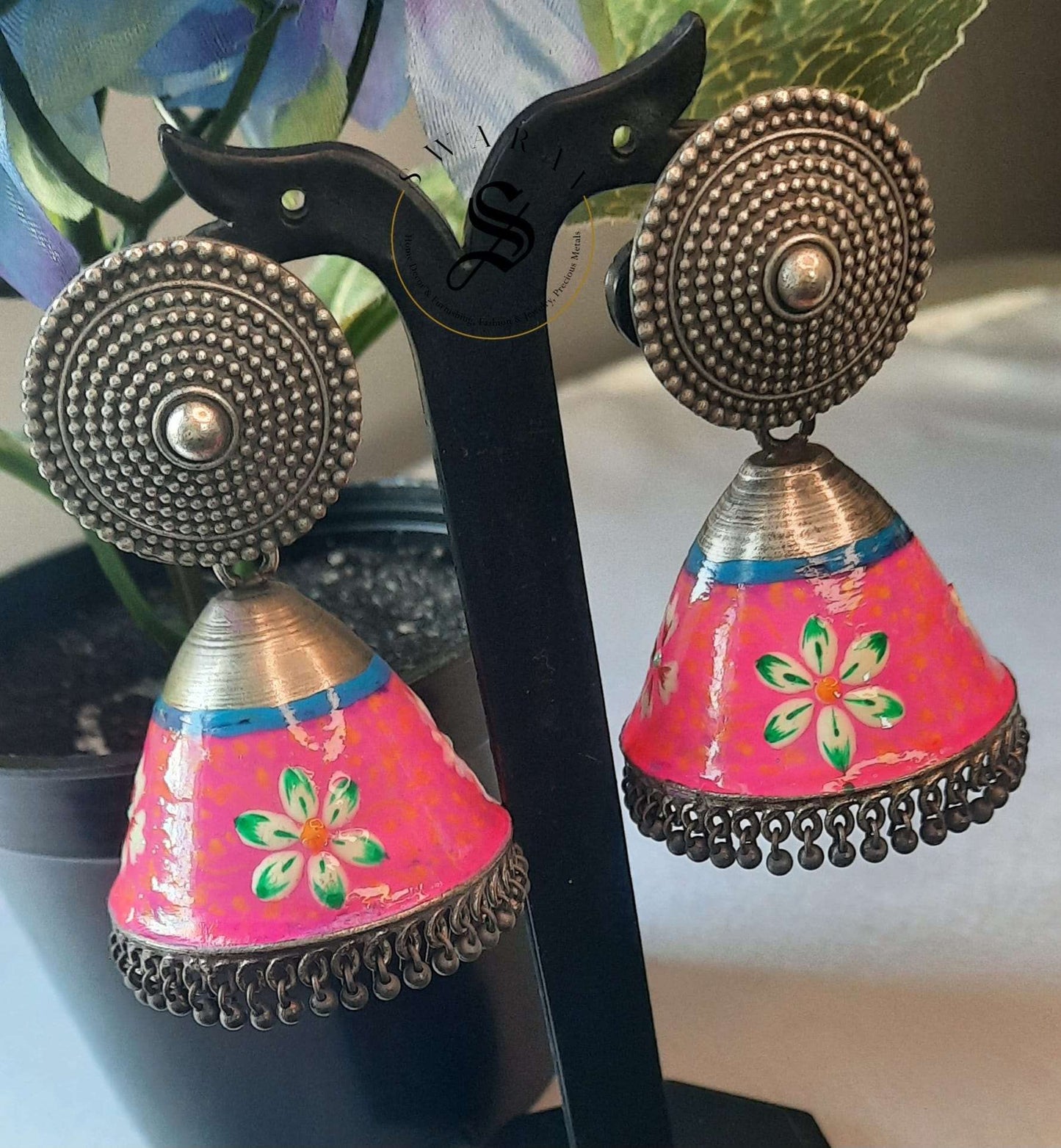 Rajwadi style oxydised hand painted Jhumkas