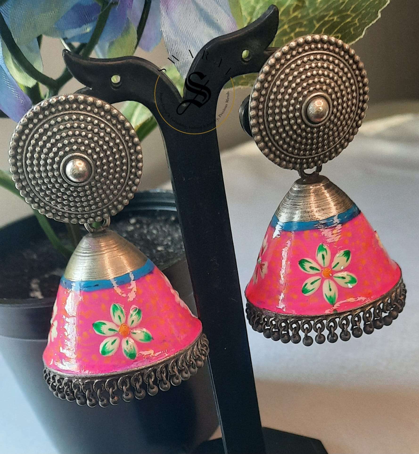 Rajwadi style oxydised hand painted Jhumkas