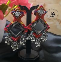 Burfee Earrings with Mirror and oxydised beads on fabric.