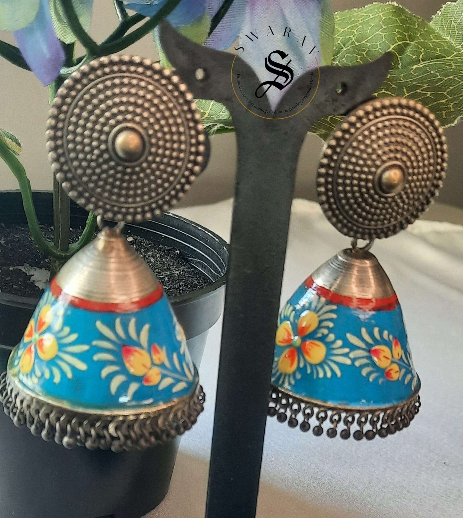 Rajwadi style oxydised hand painted Jhumkas