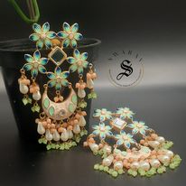 Five star and Moon Hand painted Earring - Mint Green.