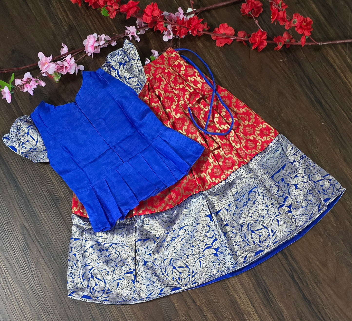 Zari woven cotton blend Pavadai set ( Ghaghra Blouse )for Baby Girl in Red and Royal blue combination.