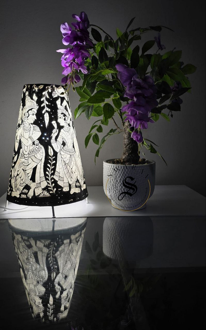 Black and white Hand-made leather lamp shade with hand painted theme of Radha- Krishna. Size - 12 inch.
