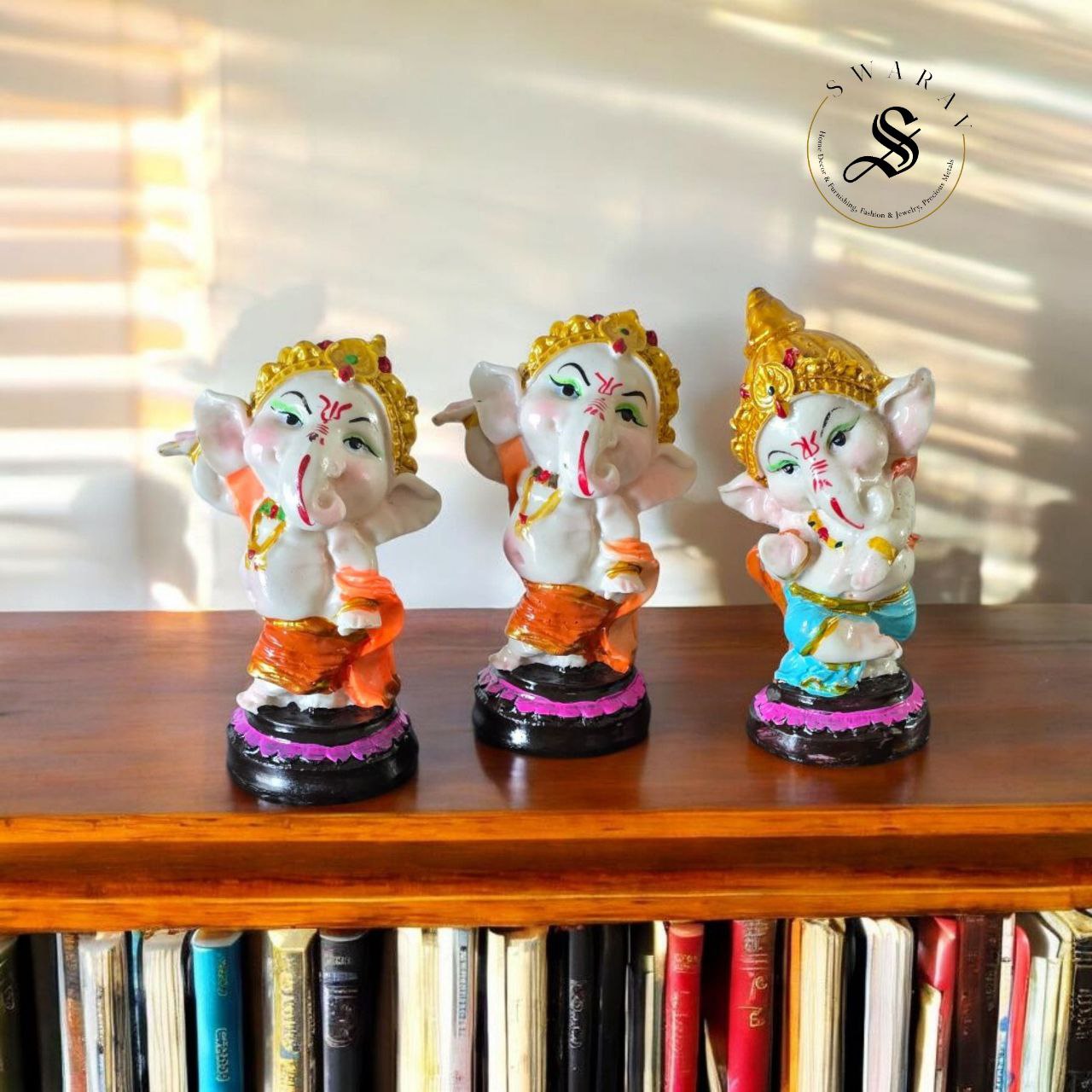 Set of 3 - CLAY made dancing baby Ganesha with marble like finish and shine. Size - 7 inch each.