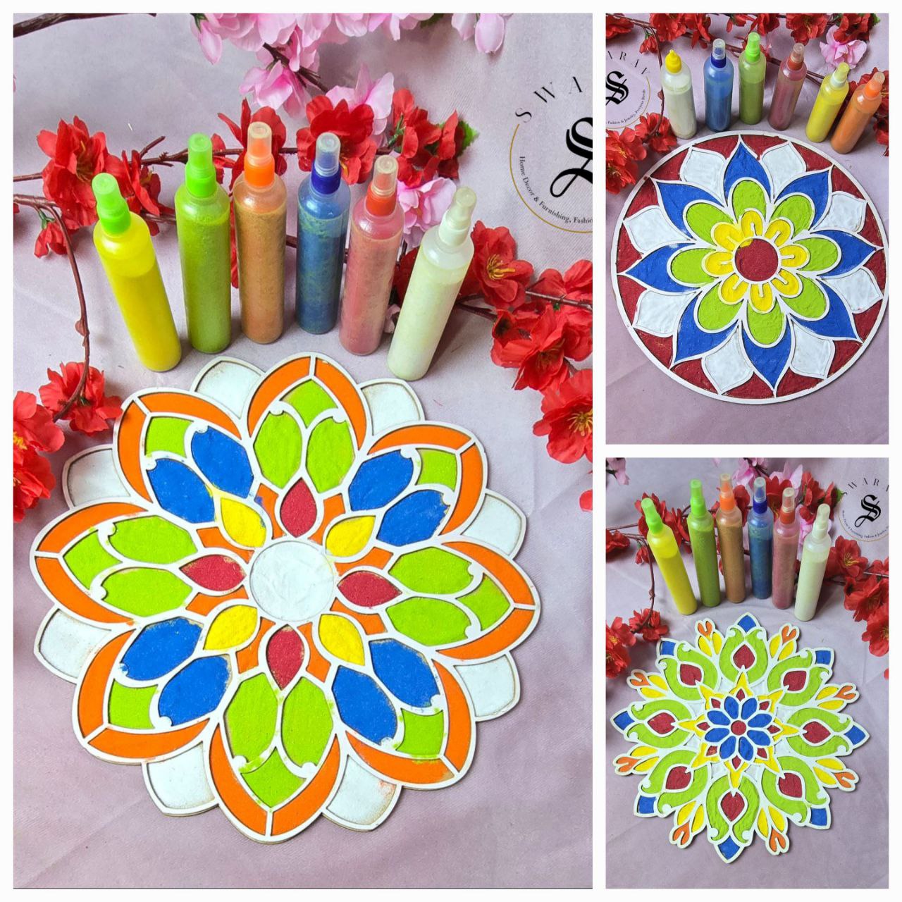 Pack of 3 - MDF rangoli frames with one set of 6 FREE colors. Size- 12 inch each.