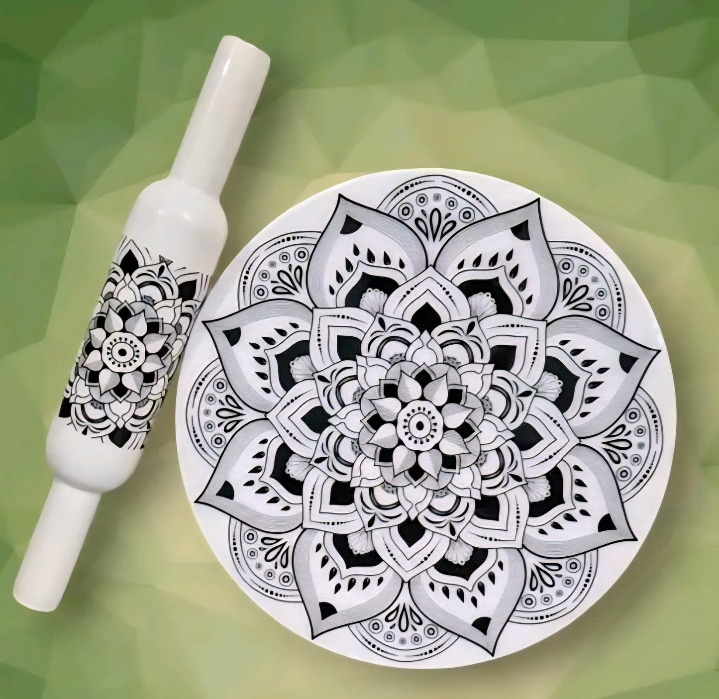 10 inch Marble Chakla Belan - with black and white mandala print.