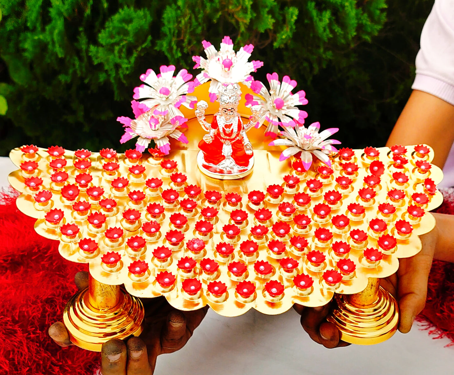 German silver - GOLD plated, Lakshmi Astottara pooja stand with 108 flowers + 5 big flowers + 1 Lakshmi Idol.