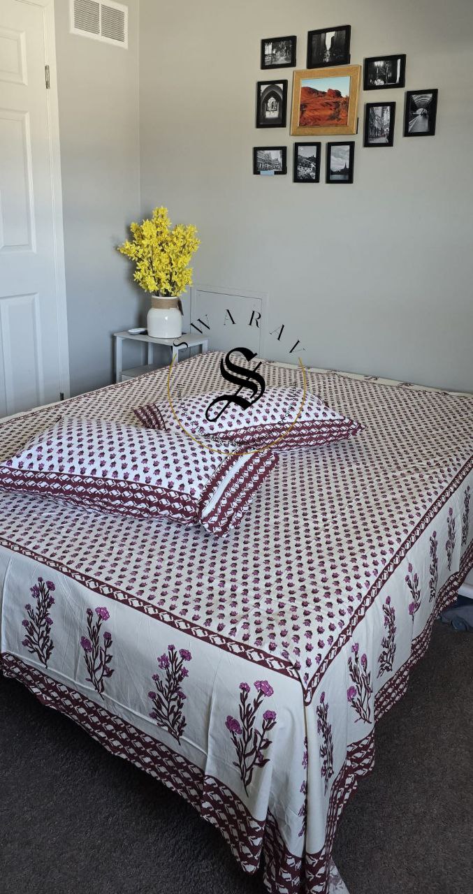 Jaipur Pure Cotton Queen Size Flat sheet Set - 102 by 88 inch. White base with floral print.