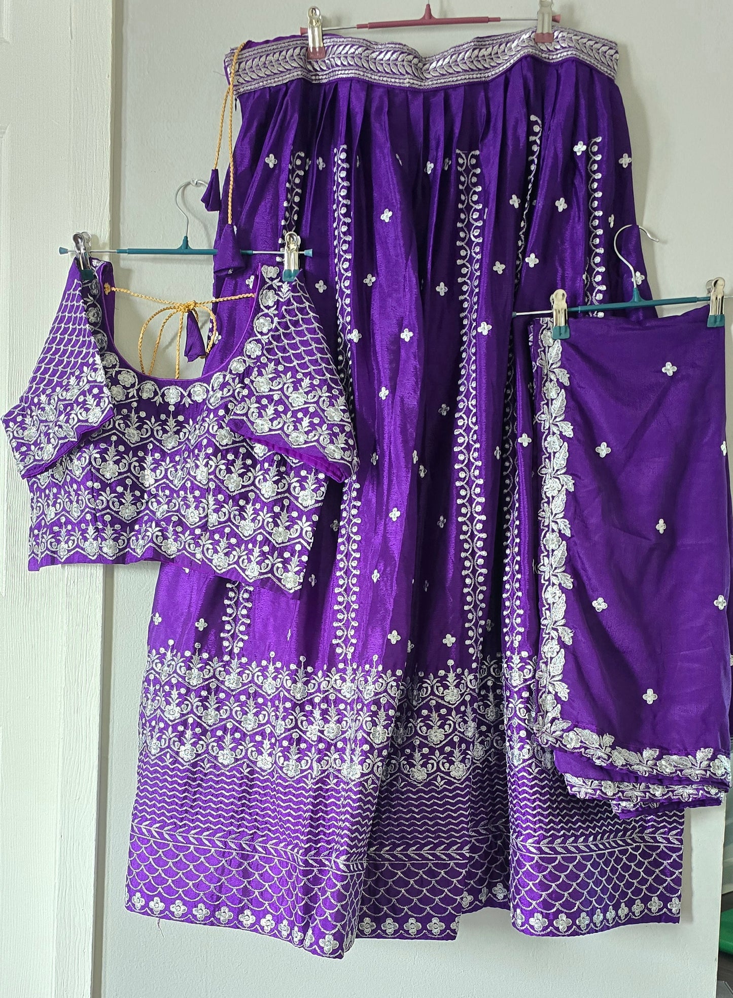 Chinon Silk Ghaghara Choli and Dupatta Set with Silver thread embroidery. Color - Blue.