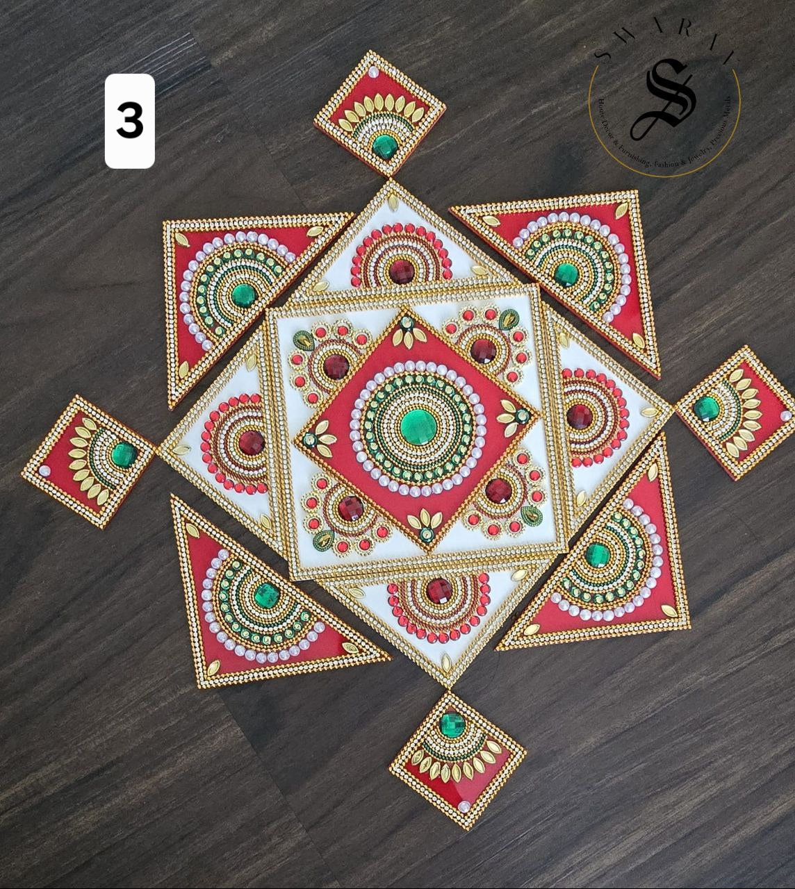 17 piece completely handmade Acrylic Rangoli set. Multi-color.
