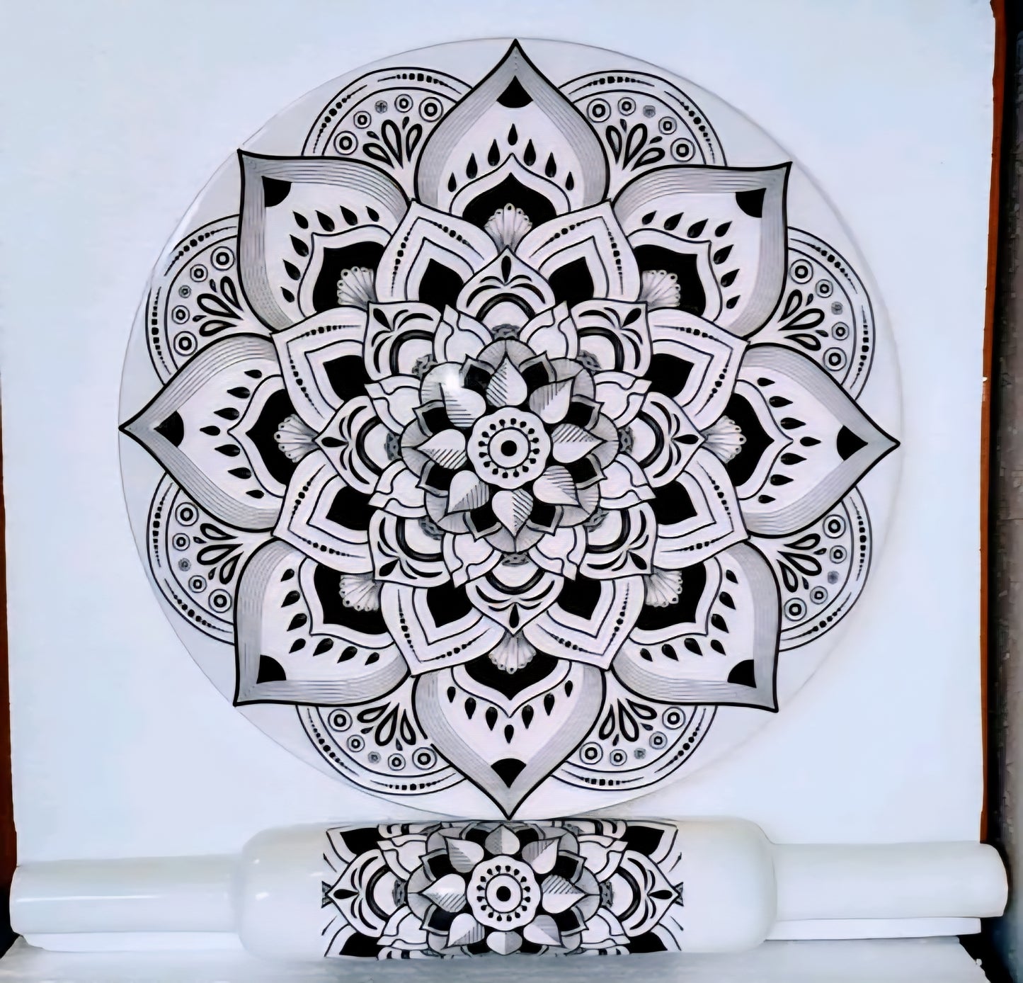 10 inch Marble Chakla Belan - with black and white mandala print.