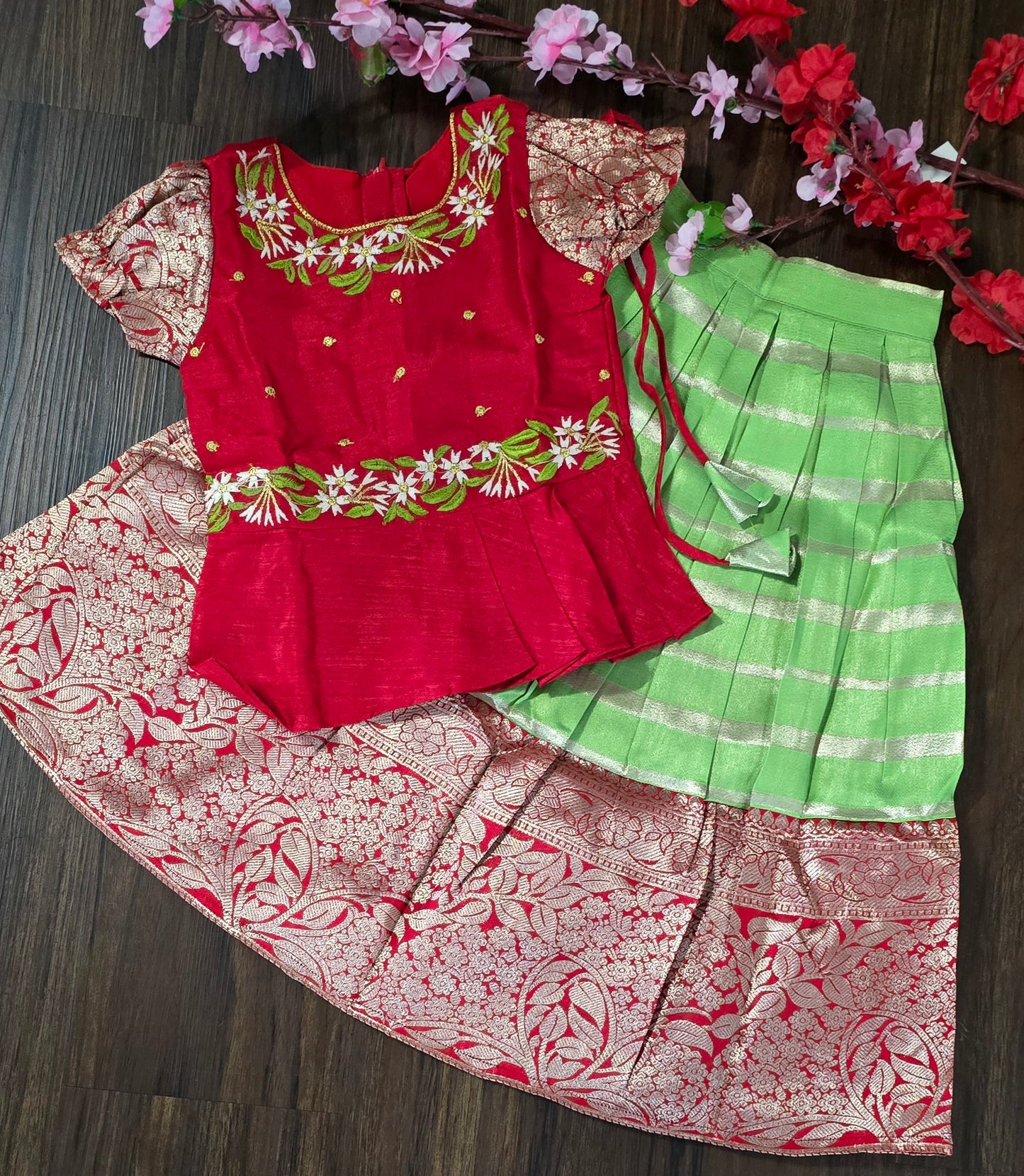 Zari woven cotton blend Pavadai set ( Ghaghra Blouse )for Baby Girl in parrot green and red combination.