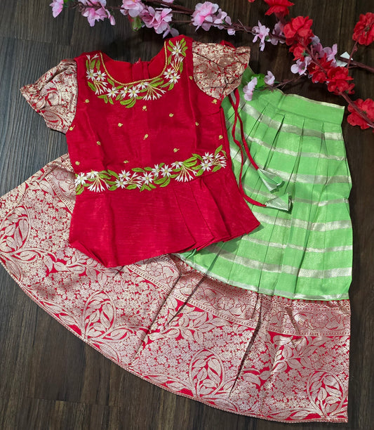Zari woven cotton blend Pavadai set ( Ghaghra Blouse )for Baby Girl in parrot green and red combination.