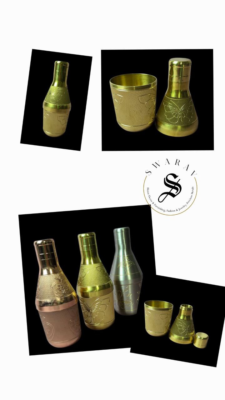 Pure Brass designer multi utility Mini bottles with beautiful engraving. (Set of 3 )Size : 6 inch