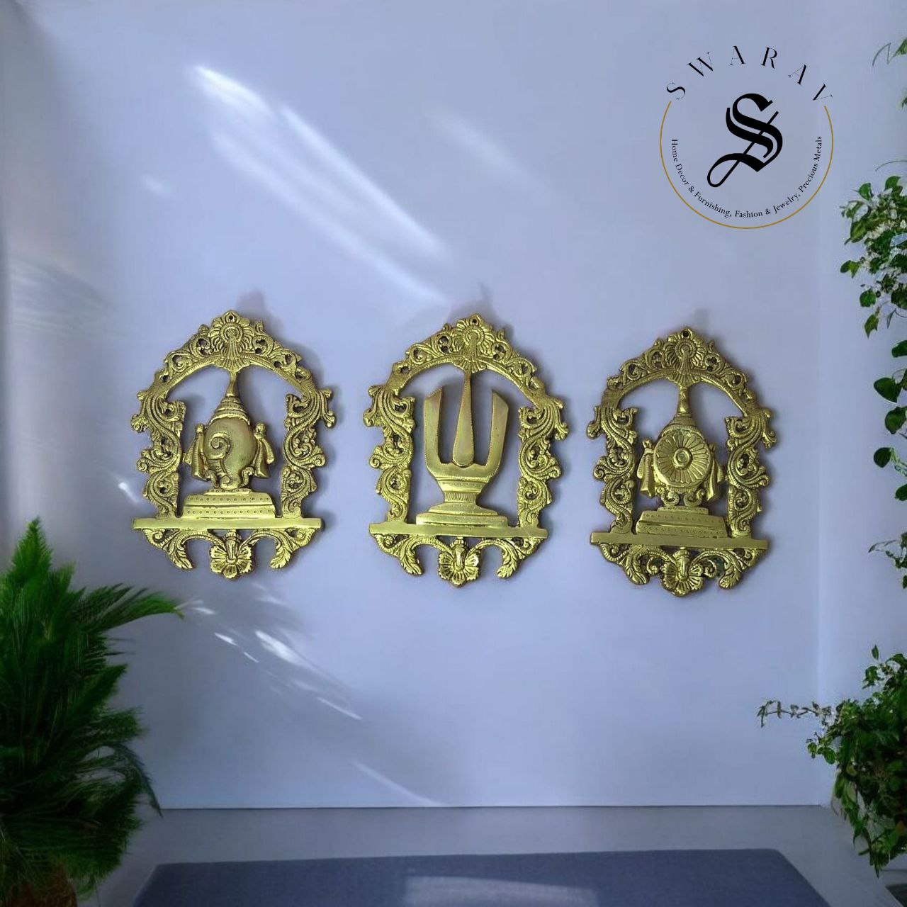 Set of 3 - Pure Brass Sankhu, Chakra and Namam wall decor.