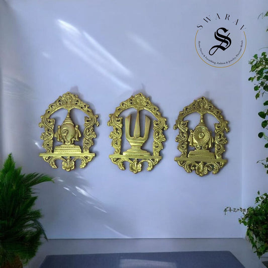 Set of 3 - Pure Brass Sankhu, Chakra and Namam wall decor.